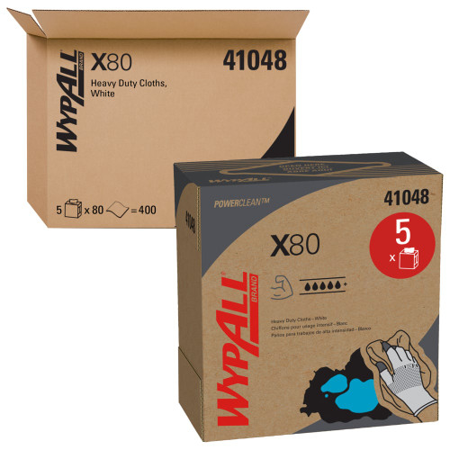 WypAll® 41048 PowerClean™ X80 White 8.34" x 16.8" Heavy-Duty Cloths - 80-Wipe Pop-Up Box