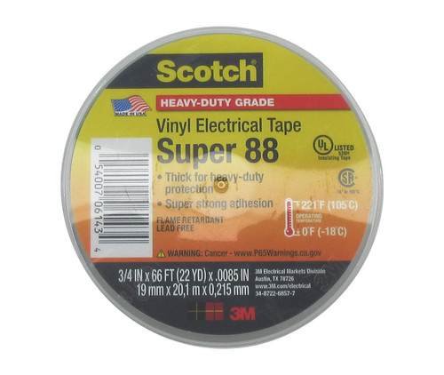 3M™ 054007-06143 Scotch® Super 88 Black 8.5 Mil Professional Grade Vinyl Electrical Tape - 3/4" x 66' Roll - 25 Each