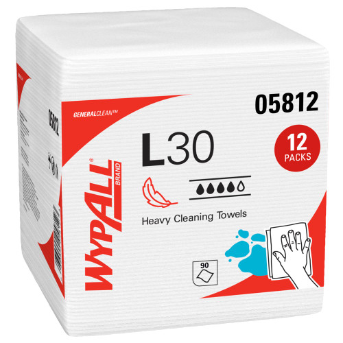 WypAll® 05812 GeneralClean™ L30 White 1/4 Fold 12" x 12.5" Heavy-Duty Cleaning Towels - 12 Packs of 90 Sheets