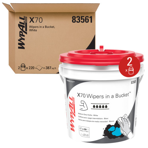 WypAll® 83561 PowerClean™ X70 White 9.75" x 13" Medium-Duty Cloths - 220 Wipers in a Bucket